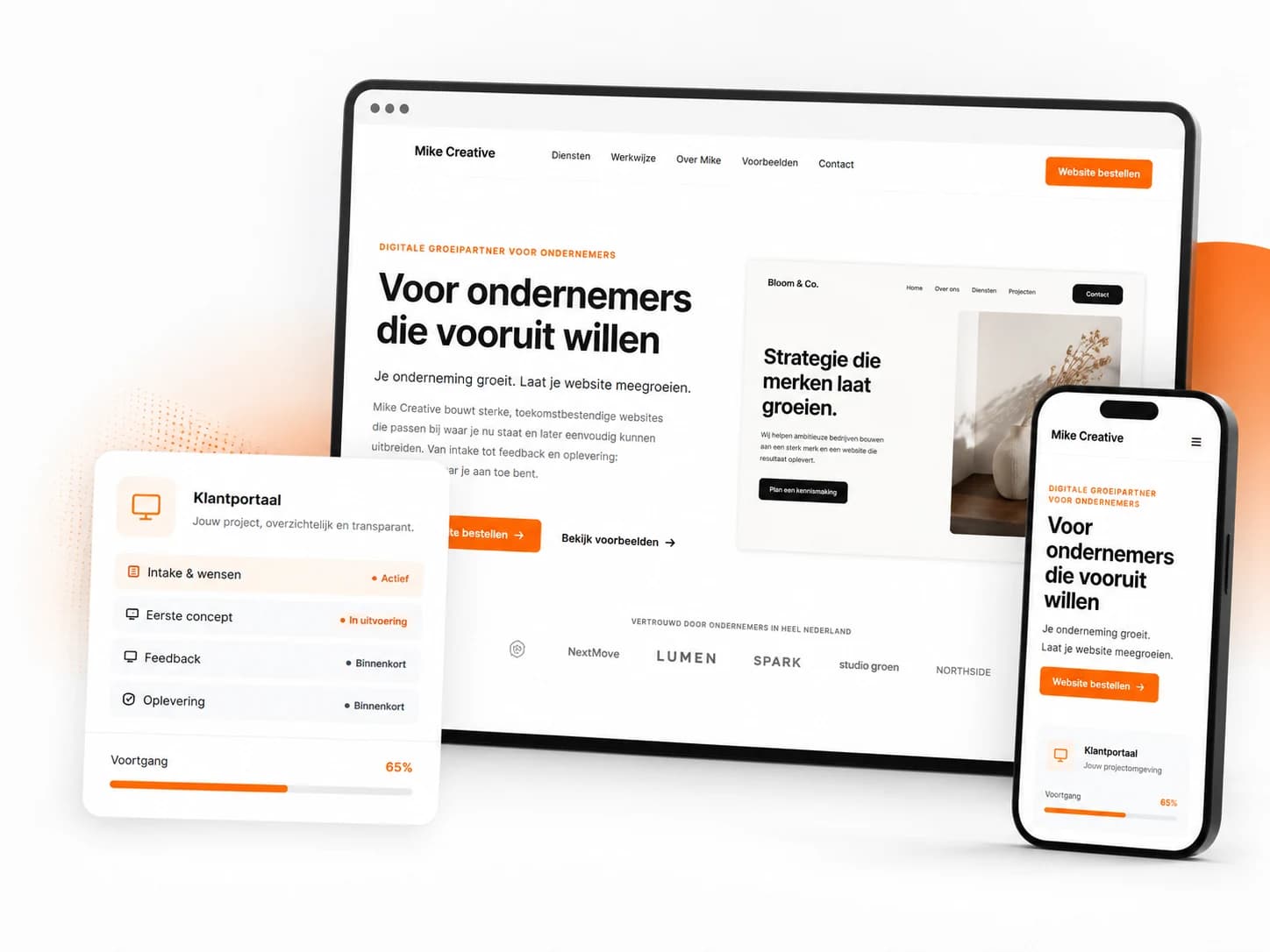 Visuele mockup van een website, mobiele weergave en klantportaal van Mike Creative