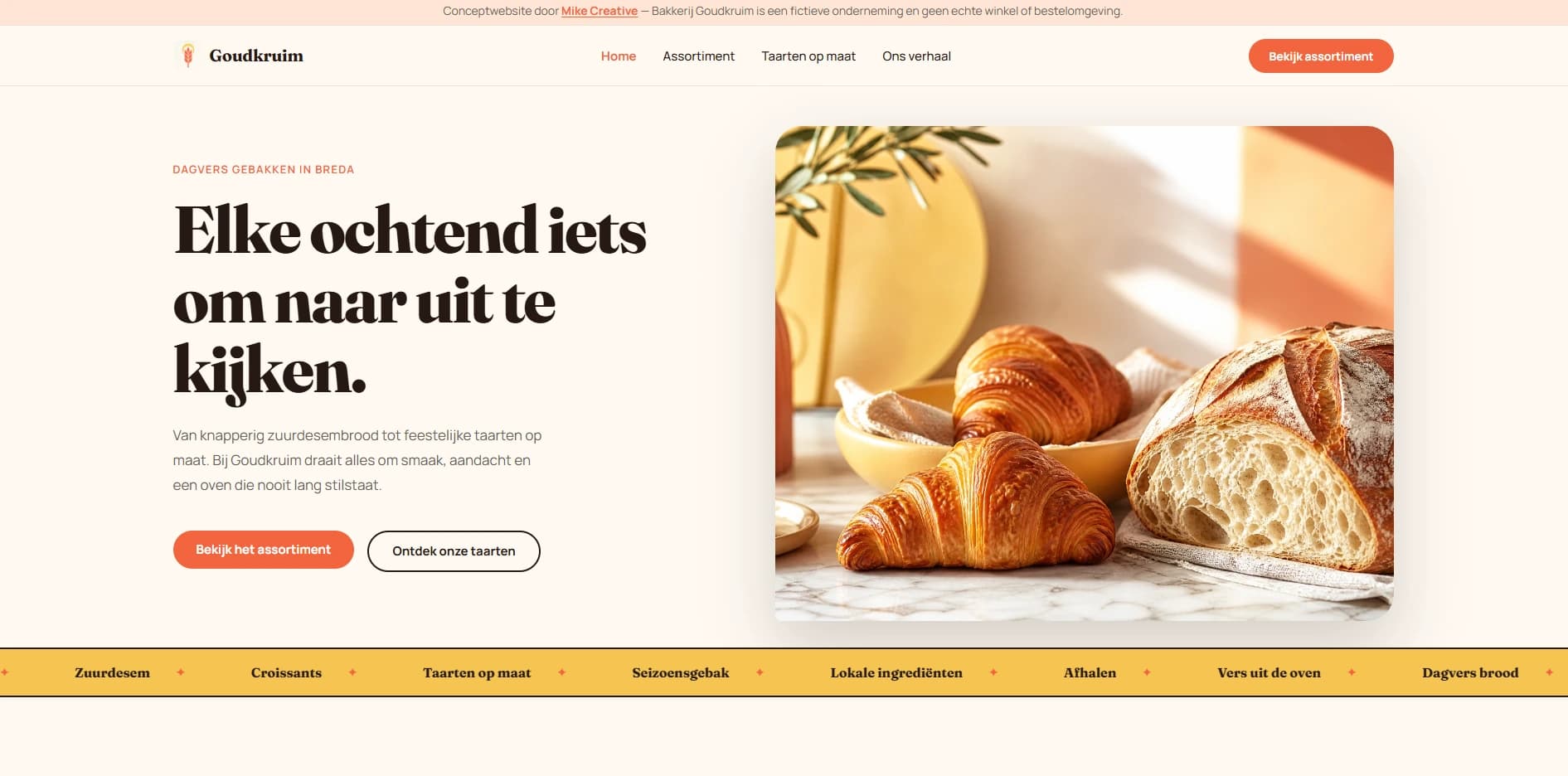 Homepage van het fictieve bakkerijconcept Goudkruim