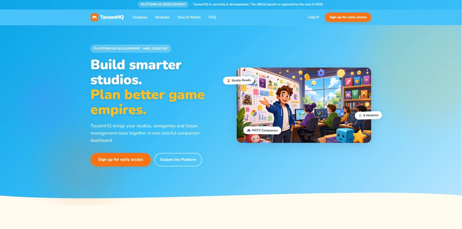 Engelstalige homepage van het TycoonHQ-platform in ontwikkeling