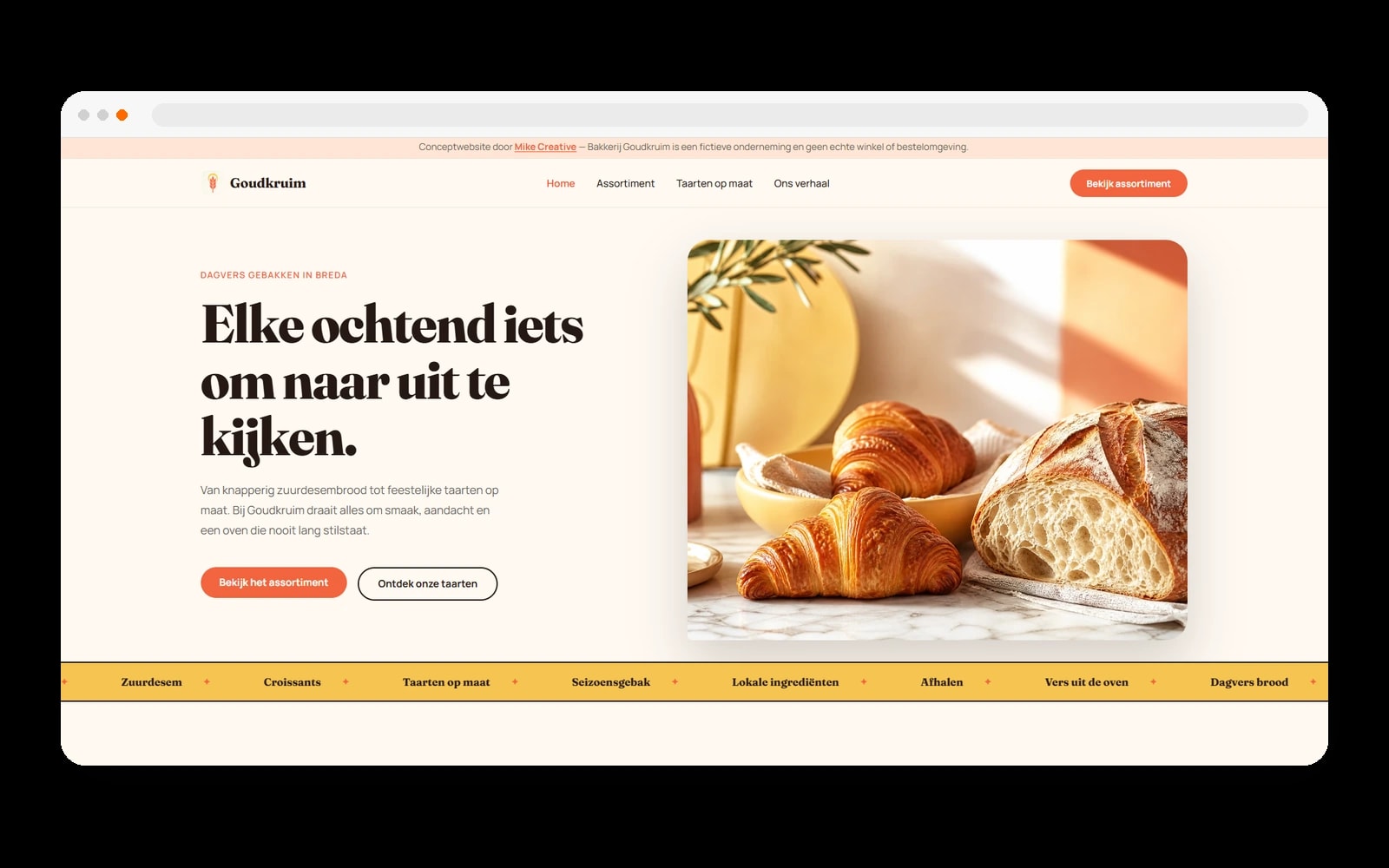 Homepage van het fictieve bakkerijconcept Goudkruim