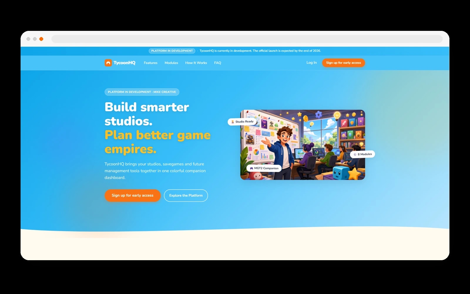 Engelstalige homepage van het TycoonHQ-platform in ontwikkeling