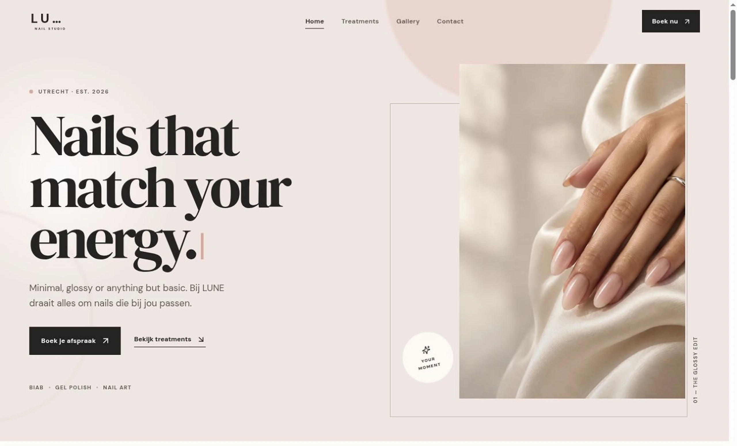 Voorbeeld van de LUNE Nude website voor nagelstudio's